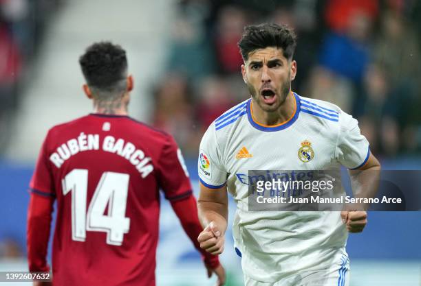 Marco Asensio of Real Madrid celebrates after scoring their team's second goal during the LaLiga Santander match between CA Osasuna and Real Madrid...