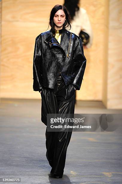 Model walks the runway at the Proenza Schouler Fall 2012 fashion show during Mercedes-Benz Fashion Week at on February 15, 2012 in New York City.