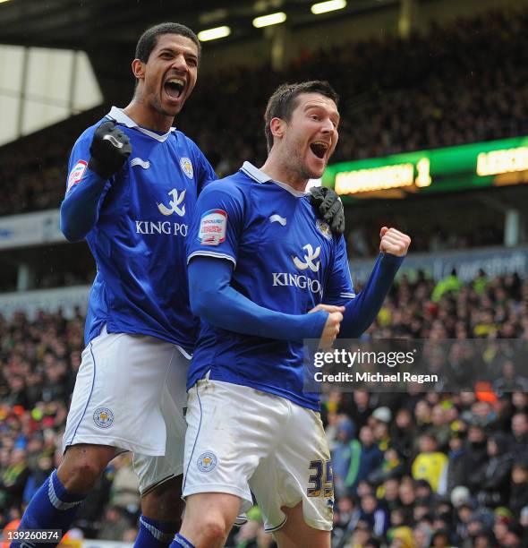 David Nugent of Leicester celebrates scoring to make it 2-1 with team mate Jermaine Beckford during the FA Cup Fifth Round match between Norwich City...