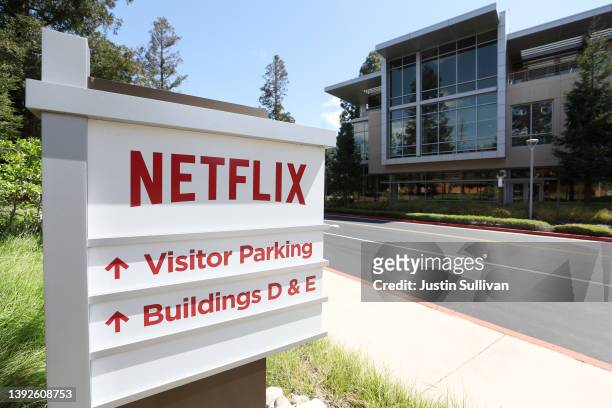 Sign is posted in front of Netflix headquarters on April 20, 2022 in Los Gatos, California. Shares of Netflix dropped over 35 percent after the...