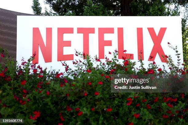 Sign is posted in front of Netflix headquarters on April 20, 2022 in Los Gatos, California. Shares of Netflix dropped over 35 percent after the...