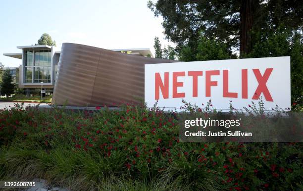 Sign is posted in front of Netflix headquarters on April 20, 2022 in Los Gatos, California. Shares of Netflix dropped over 35 percent after the...