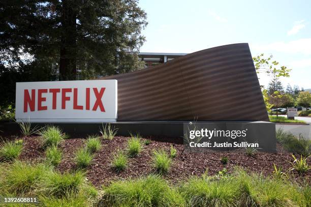 Sign is posted in front of Netflix headquarters on April 20, 2022 in Los Gatos, California. Shares of Netflix dropped over 35 percent after the...