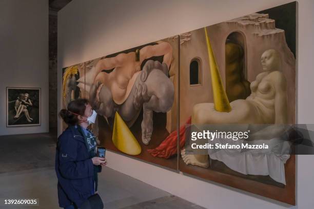 Tourists and locals visit the "Corderie of Arsenale" during the 59th International Art Exhibition on April 20, 2022 in Venice, Italy. The 59th...