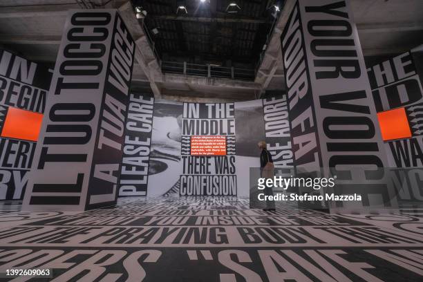 Tourists and locals visit the "Corderie of Arsenale" during the 59th International Art Exhibition on April 20, 2022 in Venice, Italy. The 59th...