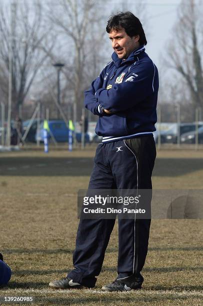 Italy U18 head coach Vincenzo Troiani looks on during the U18 rugby test match between Italy U18 and Ireland U18 on February 18, 2012 in Badia...
