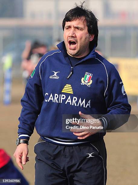 Italy U18 head coach Vincenzo Troiani looks on during the U18 rugby test match between Italy U18 and Ireland U18 on February 18, 2012 in Badia...