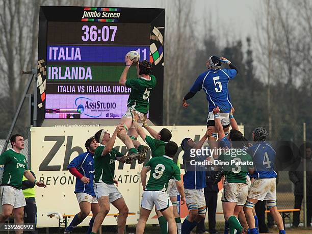 John Madigan of Ireland U18 wins the line out ball during the U18 rugby test match between Italy U18 and Ireland U18 on February 18, 2012 in Badia...