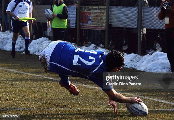 Samuel Seno of Italy U18 scores a try during the U18 rugby test match between Italy U18 and Ireland U18 on February 18, 2012 in Badia Polesine, Italy.