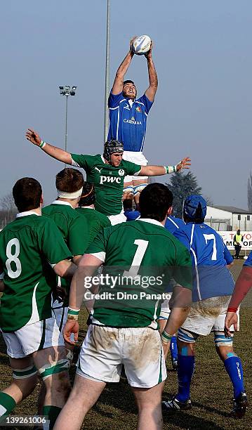 Federico Ruzza of Italy U18 wins the line out ball during the U18 rugby test match between Italy U18 and Ireland U18 on February 18, 2012 in Badia...