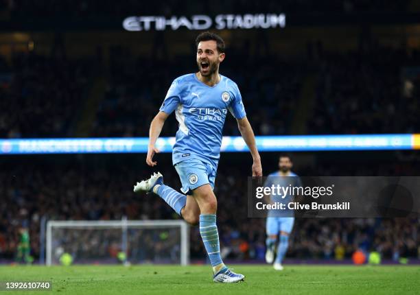 Bernardo Silva of Manchester City celebrates after scoring their team's third goal during the Premier League match between Manchester City and...