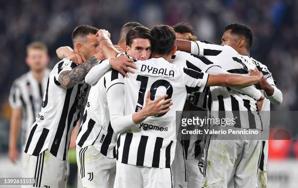 Adrien Rabiot of Juventus celebrates scoring a goal with team mates which is later disallowed during the Coppa Italia Semi Final 2nd Leg match...