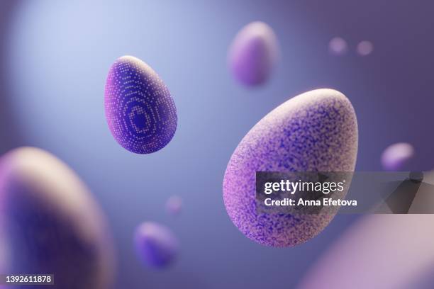 many violet easter eggs with pattern flying on purple background. modern trendy easter backdrop. demonstrating very peri - color of 2022 year - temperatures soar to highest of the year stockfoto's en -beelden