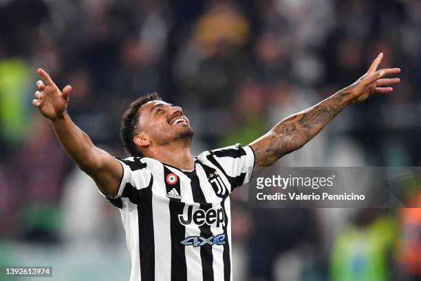 Danilo of Juventus celebrates after scoring his side's second goal during the Coppa Italia Semi Final 2nd Leg match between Juventus FC v ACF...