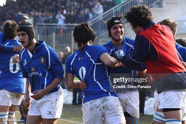 Samuel Seno of Italy U18 celebrates scoring a try with is team mates during the U18 rugby test match between Italy U18 and Ireland U18 on February...