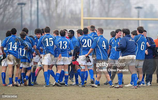 Italy players celebrates the victory after the U18 rugby test match between Italy U18 and Ireland U18 on February 18, 2012 in Badia Polesine, Italy.