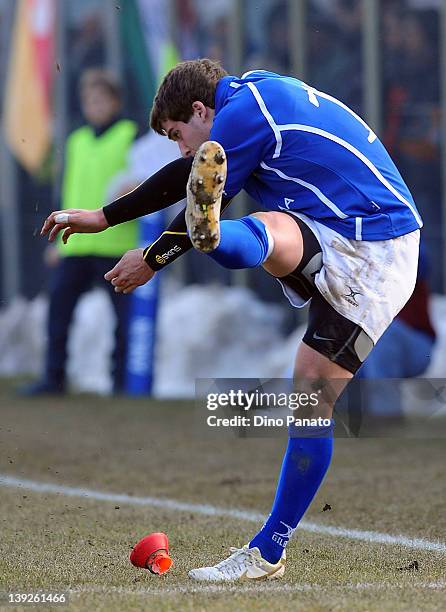 Filippo Buscema of Italy U18 scores the kick for goal during the U18 rugby test match between Italy U18 and Ireland U18 on February 18, 2012 in Badia...