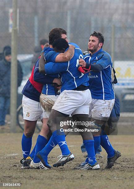 Italy players celebrates the victory after the U18 rugby test match between Italy U18 and Ireland U18 on February 18, 2012 in Badia Polesine, Italy.