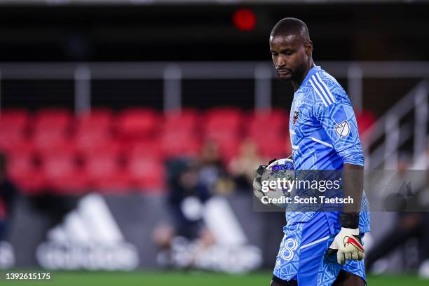 Bill Hamid of D.C. United looks on after a play against Austin FC during the second half of the MLS game at Audi Field on April 16, 2022 in...