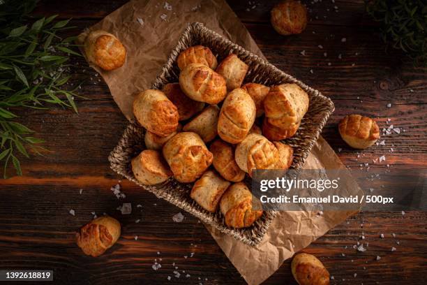 small bread with pork crackling,high angle view of food on table - traditionally hungarian foto e immagini stock