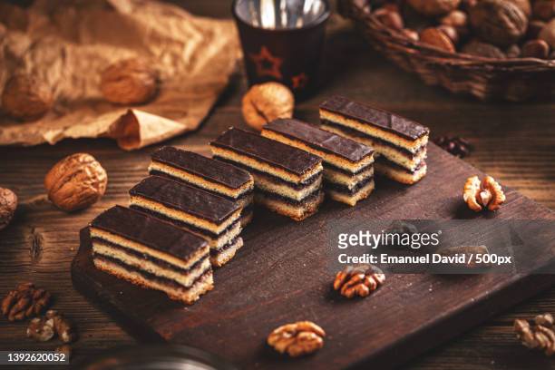 hungarian gerbeaud cake,high angle view of cookies on table - heritage classic fotografías e imágenes de stock