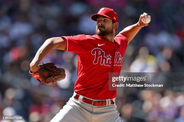 Pitcher Brad Hand of the Philadelphia Phillies throws against the Colorado Rockies in the sixth inning at Coors Field on April 20, 2022 in Denver,...