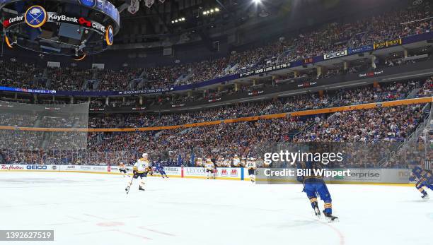 The Buffalo Sabres skate in front of a capacity crowd during an NHL game against the Nashville Predators on April 1, 2022 at KeyBank Center in...