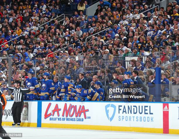 The Buffalo Sabres bench is seen in front of a capacity crowd during an NHL game against the Nashville Predators on April 1, 2022 at KeyBank Center...