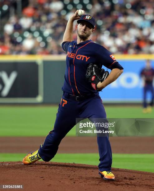 Jake Odorizzi of the Houston Astros pitches in the first inning against the Los Angeles Angels at Minute Maid Park on April 20, 2022 in Houston,...