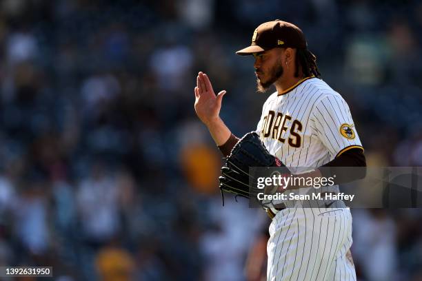 Dinelson Lamet of the San Diego Padres reacts after defeating the Cincinnati Reds 6-0 in a game at PETCO Park on April 20, 2022 in San Diego,...