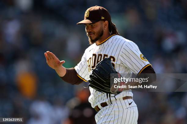 Dinelson Lamet of the San Diego Padres reacts after defeating the Cincinnati Reds 6-0 in a game at PETCO Park on April 20, 2022 in San Diego,...