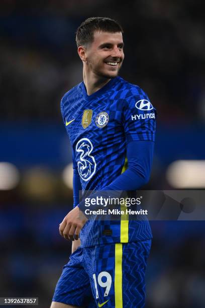 Mason Mount of Chelsea smiles during the Premier League match between Chelsea and Arsenal at Stamford Bridge on April 20, 2022 in London, England.
