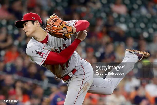 Shohei Ohtani of the Los Angeles Angels pitches in the fourth inning against the Houston Astros at Minute Maid Park on April 20, 2022 in Houston,...