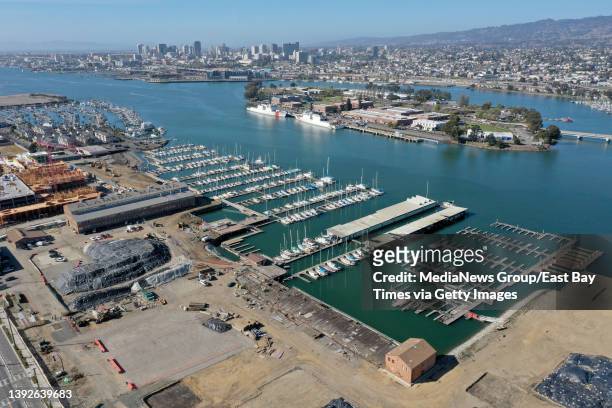 Development is seen along Clement Avenue from this drone view in Alameda, Calif., on Wednesday, March 23, 2022. Also seen are the Oakland Estuary,...