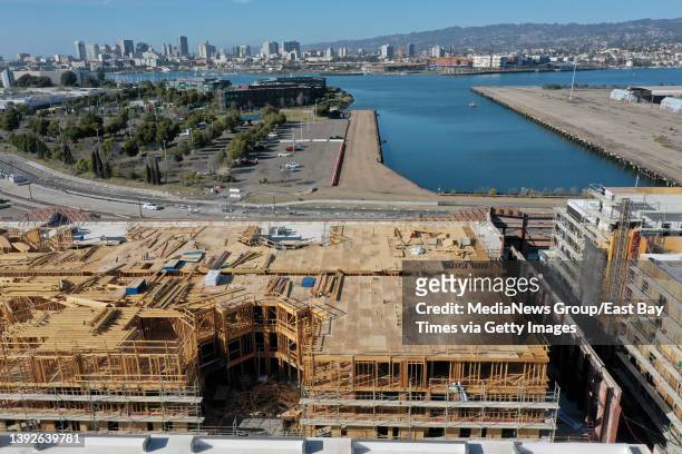 Development at the former Del Monte Warehouse is seen along Buena Vista Avenue from this drone view in Alameda, Calif., on Wednesday, March 23, 2022....