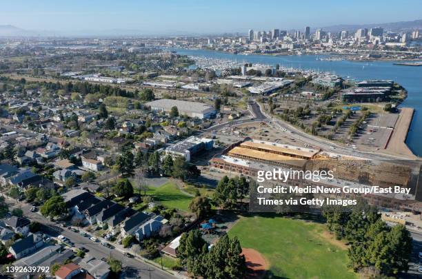 Development at the former Del Monte Warehouse is seen along Buena Vista Avenue from this drone view in Alameda, Calif., on Wednesday, March 23, 2022....