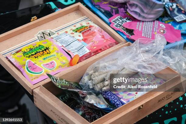 Pre rolled joints and gummy infused candy are sold on 4/20 on World Weed Day in Washington Square Park on April 20, 2022 in New York City. Hundreds...