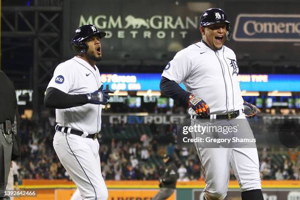 Miguel Cabrera of the Detroit Tigers celebrates scoring a run in the sixth inning with Jeimer Candelario while playing the New York Yankees at...