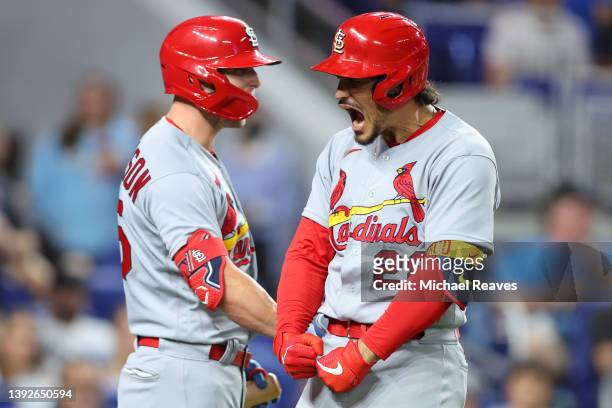 Nolan Arenado of the St. Louis Cardinals celebrates a two-run home run against the Miami Marlins during the ninth inning at loanDepot park on April...