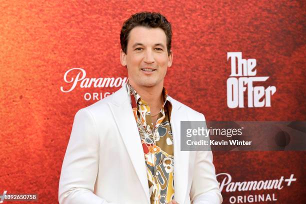 Miles Teller attends the premiere for the Paramount+ new series "The Offer" at Paramount Studios on April 20, 2022 in Los Angeles, California.