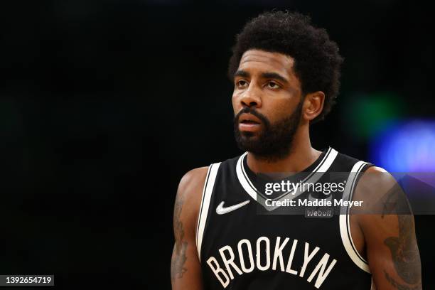 Kyrie Irving of the Brooklyn Nets looks on during the second quarter of Game Two of the Eastern Conference First Round NBA Playoffs against the...