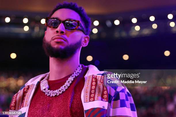 Ben Simmons of the Brooklyn Nets stands for the singing of the national anthem before Game Two of the Eastern Conference First Round NBA Playoffs at...