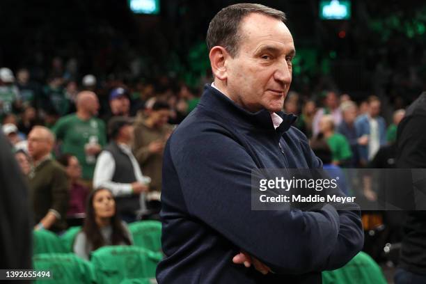 Former Duke Men's Basketball Coach Mike Krzyzewski looks on before Game Two of the Eastern Conference First Round NBA Playoffs at TD Garden on April...