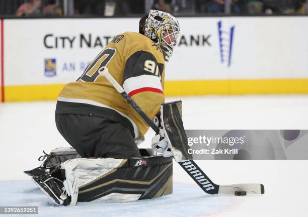 Robin Lehner of the Vegas Golden Knights tends net during the first period against the Washington Capitals at T-Mobile Arena on April 20, 2022 in Las...