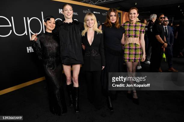 Alexa Demie, Hunter Schafer, Sydney Sweeney, Barbie Ferreira, and Maude Apatow attend HBO Max "Euphoria" FYC on April 20, 2022 in Los Angeles,...