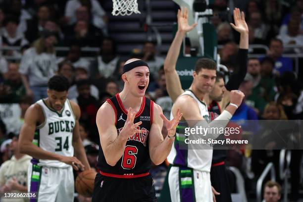 Alex Caruso of the Chicago Bulls reacts to an officials call in the second quarter during Game Two of the Eastern Conference First Round Playoffs...