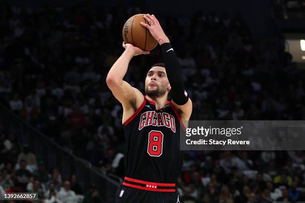 Zach LaVine of the Chicago Bulls takes a three point shot in the second quarter against the Milwaukee Bucks during Game Two of the Eastern Conference...