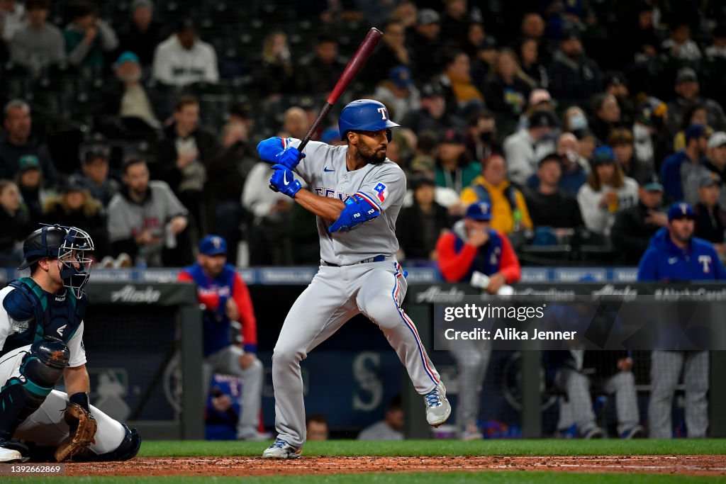 Seattle Rangers Marcus Semien of the Texas Rangers waits for a pitch during the third ...