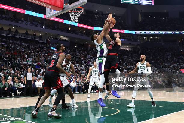 Zach LaVine of the Chicago Bulls is defended by Giannis Antetokounmpo of the Milwaukee Bucks in the second quarter during Game Two of the Eastern...