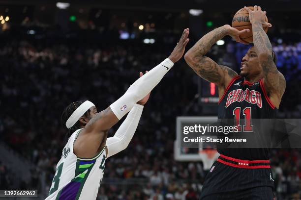 DeMar DeRozan of the Chicago Bulls is defended by Wesley Matthews of the Milwaukee Bucks in the second quarter during Game Two of the Eastern...